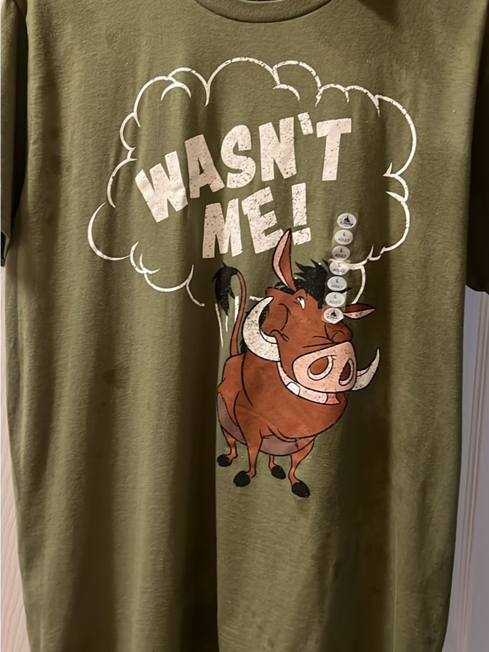 Disney Olive Green Short Sleeve Tee with Pumbaa "Wasn't Me!" Bubble Graphic